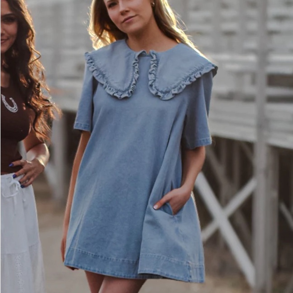 NWT Blue Denim Ruffled Mini Dress with Oversized Collar